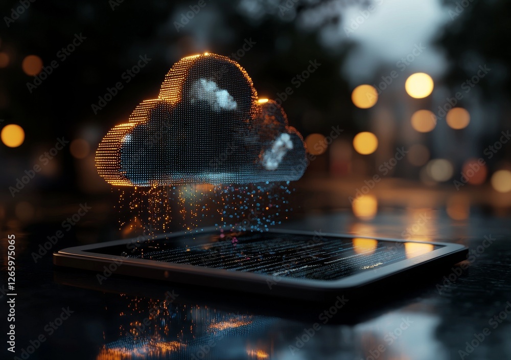 Aufkleber the image of cloud computing on a tablet computer is shown twice, both times with neon lighting, acc