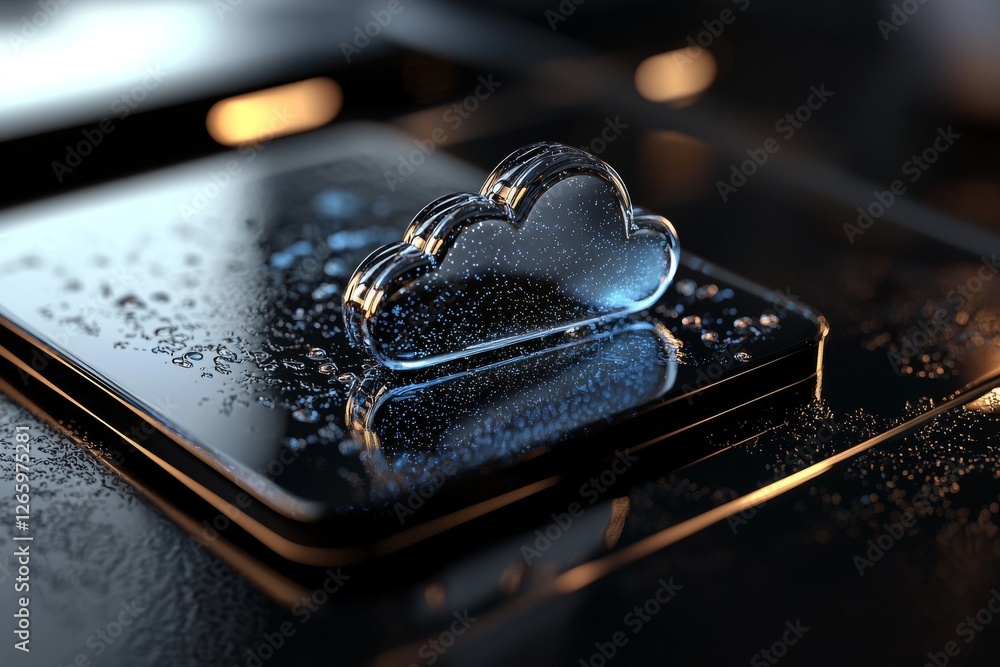 Poster a 3d rendering concept illustrates cloud computing with a light blue neon cloud icon on a dark backg