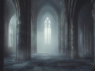 Fototapeta premium Dark Gothic Chapel Interior with Tall Windows and Columns Shrouded in Fog for Mysterious Artwork