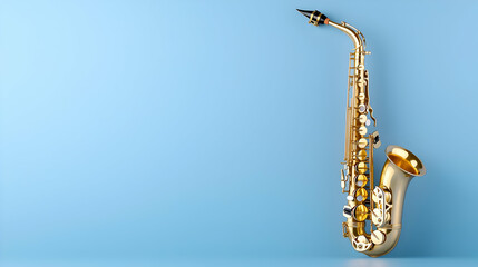 Naklejka premium Golden alto saxophone against blue background, music concept