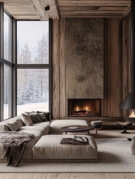 Cozy living room with a fireplace and snowy view