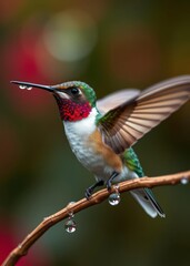 Fototapeta premium Hummingbird with water droplets close up photo of a colorful bird bokeh red bokeh abstract background glow design light texture effect sparkle