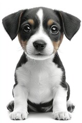 Adorable puppy sitting, studio shot against white background, suitable for pet adoption campaign