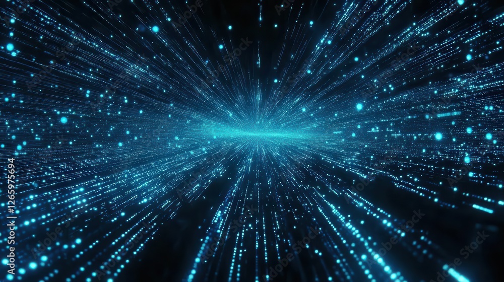 Poster data visualization seascape with flowing blue binary code waves for tech backgrounds