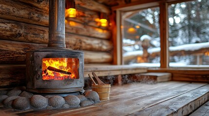 Rustic sauna burning stove with snowy view, relaxation, and wellness backdrop