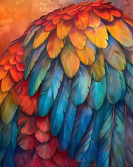 Fototapeta premium Majestic Beauty of a Parrot's Colorful Wing in Close-up View, Feathers Detail, Exotic Bird Plumage, Tropical Avian Photography
