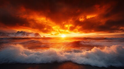 Obraz premium A breathtaking view of the ocean at sunset, featuring vibrant hues of orange and red lighting up the dramatic sky while waves crash gracefully against the shoreline.