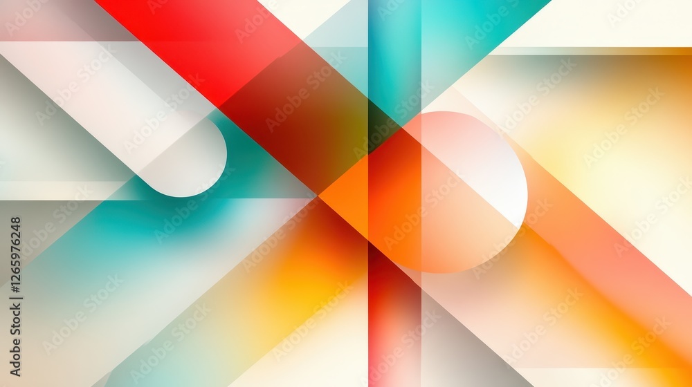 Poster a vibrant abstract composition featuring intersecting geometric shapes in red, teal, and orange, cre