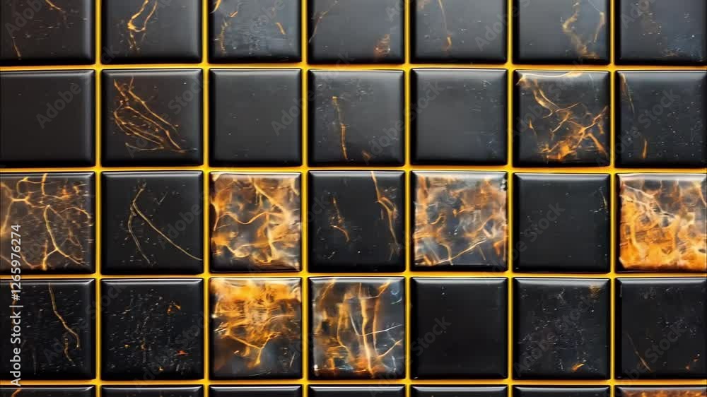 Poster a close-up of a tiled surface featuring a pattern of black tiles with gold veining and a glossy fini