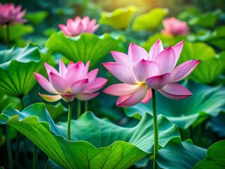 Fototapeta premium Minimalist Pink Lotus Flowers in a Serene Garden - Stock Photo