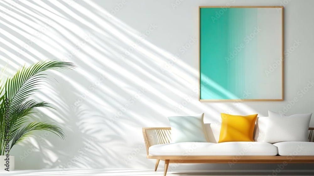 Poster a modern seating area featuring a stylish sofa adorned with colorful cushions, highlighting soft sha