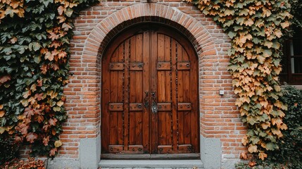 Rustic wooden door entrance, ivy-covered brick building in background. Use architecture