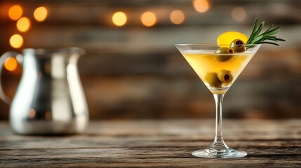 A vibrant cocktail captures the essence of chic elegance, featuring a martini with citrus and rosemary enhancements, ideal for sophisticated gatherings and celebrations.