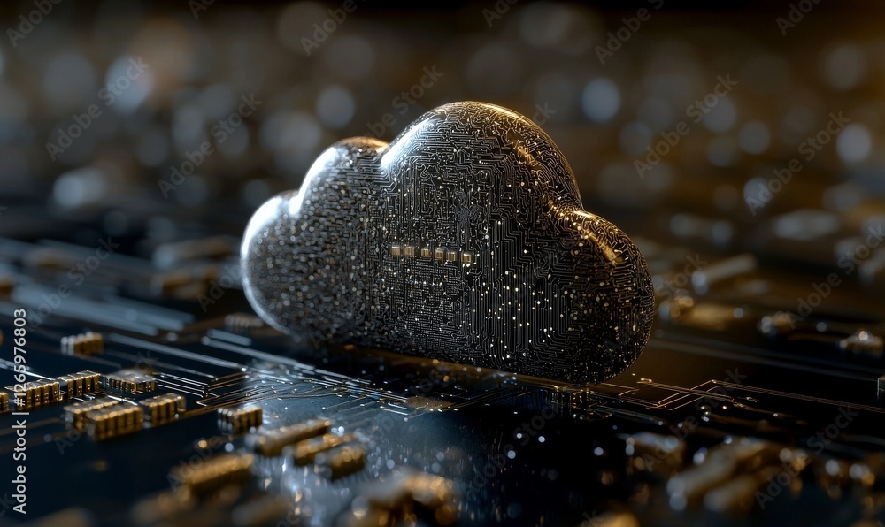 Poster cloud computing technology is represented by a 3d illustration of an internet storage network, highl