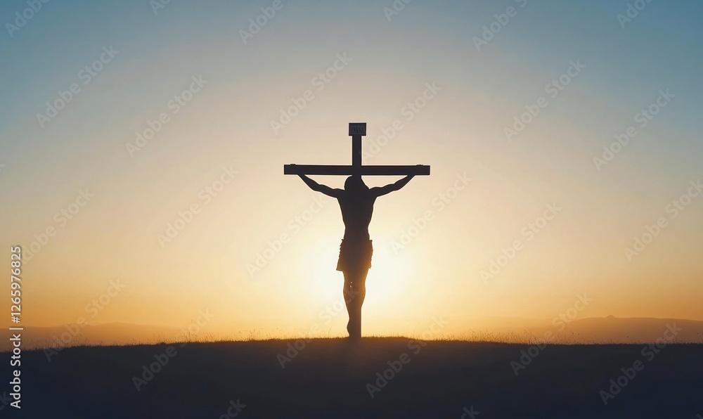 Wall mural Silhouette of Jesus Christ on the cross against a sunset sky background, an Easter concept.