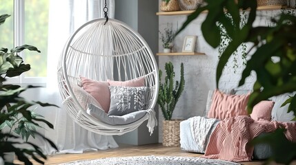 Cozy hanging chair in a modern boho living room with plants