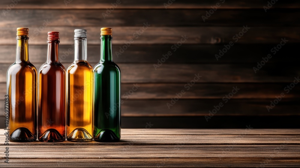 Aufkleber A sophisticated ensemble of four elegant bottles displayed against a rustic wooden backdrop, creating a warm and inviting atmosphere that evokes feelings of comfort and authenticity.