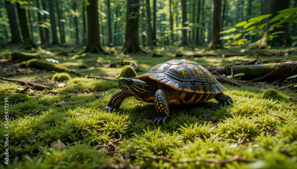 Poster a turtle moves slowly across a vibrant forest floor covered in soft moss. sunlight filters through t