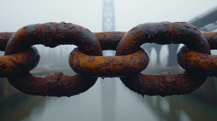 Fototapeta premium Rusty chain link bridge in fog over water, symbolizing strength, connection, safety