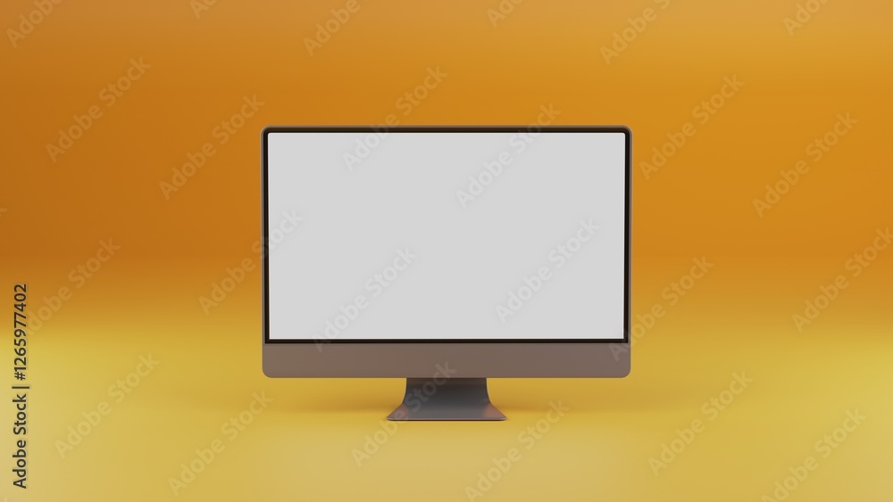 Aufkleber one monitor screen on yellow and orange gradient background. 3d rendering of computer with copy spac