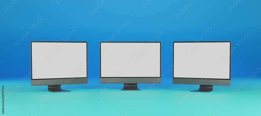 Fototapete three screens of monitors on blue gradient background. 3d rendering of computers with copy space.
