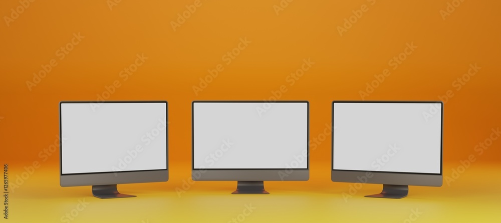 Fototapete three screens of monitors on yellow and orange gradient background. 3d rendering of computers close 