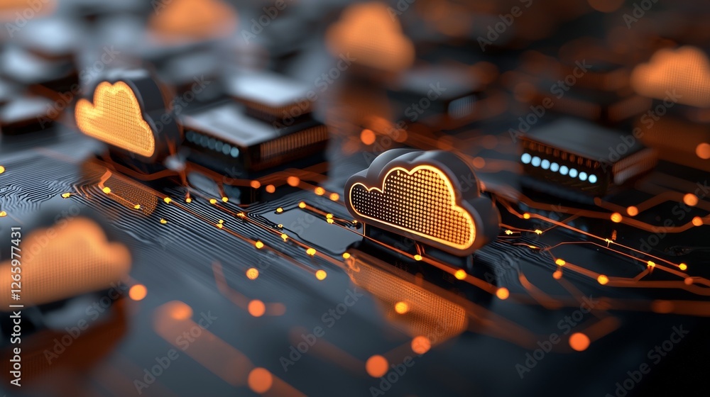 Poster digital cloud computing is symbolized by a concept that emphasizes technology and networking, using 