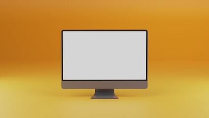 One monitor screen on yellow and orange gradient background. 3D rendering of computer with copy space. 