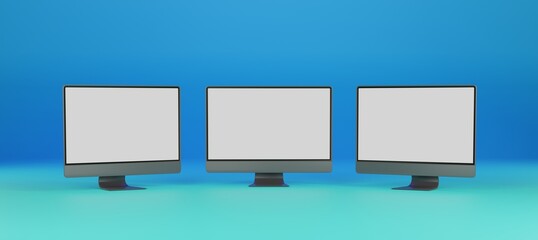 Three screens of monitors on blue gradient background. 3D rendering of computers with copy space. 