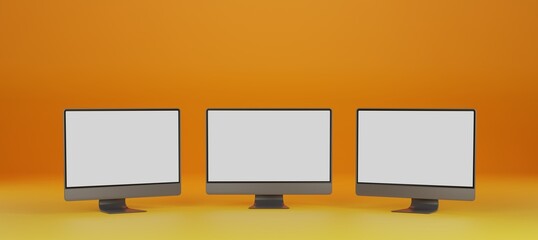 Three screens of monitors on yellow and orange gradient background. 3D rendering of computers close up with copy space. 