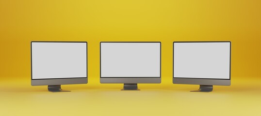 Three screens of monitors on yellow gradient background. 3D rendering of computers with copy space. 