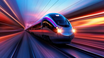 A futuristic train speeding along its tracks is beautifully captured, illustrating the movement and technology of modern transportation in a vibrant and colorful setting.