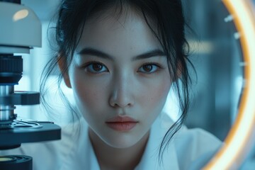 A young woman scientist intensely focuses on her work, peering intently through a microscope in a sterile laboratory setting.