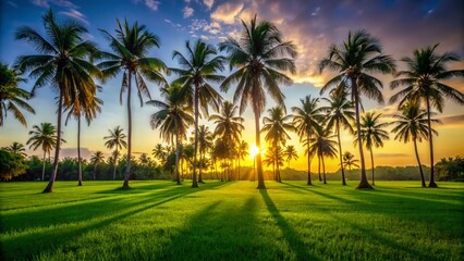 Obraz premium Minimalist Silhouette of Coconut Trees Casting Shadows on Lush Green Lawn - Abstract Nature Photography