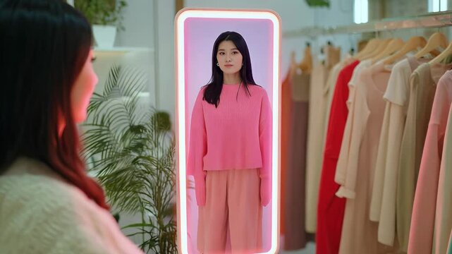 Shopper woman interacts with smart mirror that displays clothing options at advanced fitting room in trendy boutique. Modern retail innovations