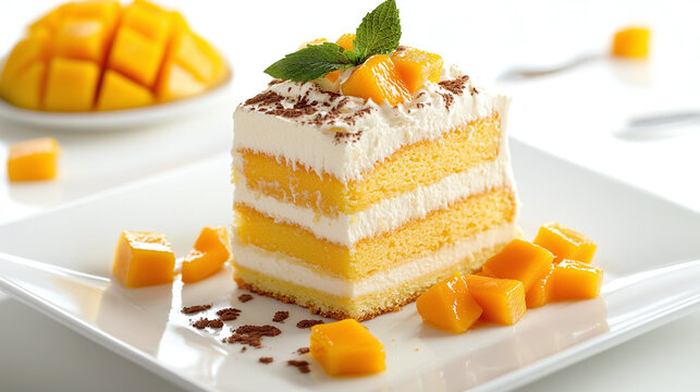 Decadent mango layer cake slice with whipped cream, fresh mango cubes, and mint garnish on white plate.