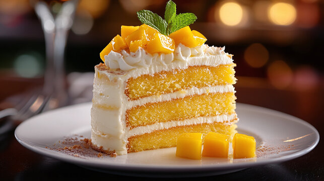 Decadent mango layer cake slice with whipped cream, fresh mango cubes, and mint garnish on white plate.