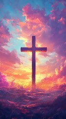 Obraz premium Large wooden cross stands tall against the backdrop of an orange and blue sky at sunset, symbolizing Jesus' sacrifice for all people. 