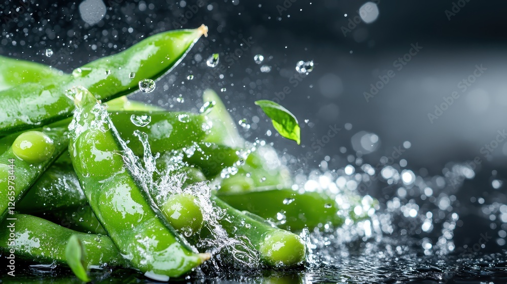 Poster pea pods are dramatically highlighted amidst splashes of water, creating a captivating scene that re
