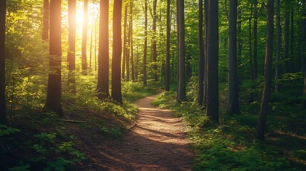 Obraz premium Sunlit Forest Path Through Lush Green Trees