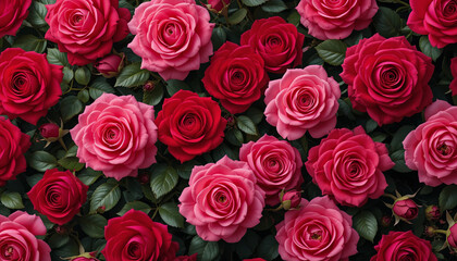 Fototapeta premium Vibrant red and pink roses are beautifully arranged amidst lush green leaves in a garden. The flowers bloom gracefully under the warm spring sun, showcasing their rich colors