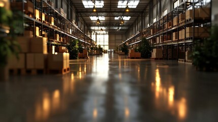 Fototapeta premium A state-of-the-art holographic warehouse features neatly arranged boxes and pallets stored on shelves, encircled by a futuristic digital representation of global logistics data