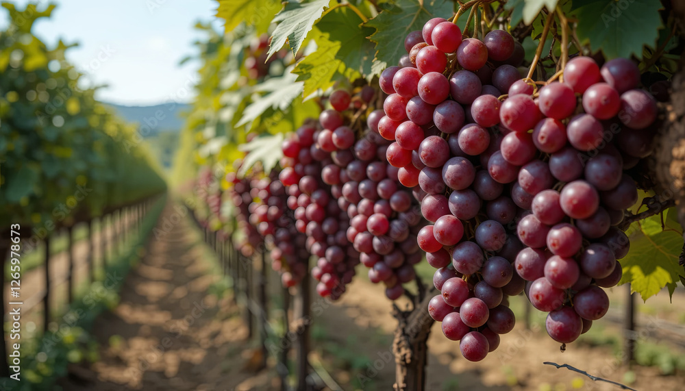 Poster clusters of ripe grapes dangle from vines in a lush vineyard. rows of grapevines stretch into the di