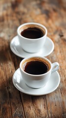 Coffee cups on rustic wooden table in cozy cafe setting during morning hours