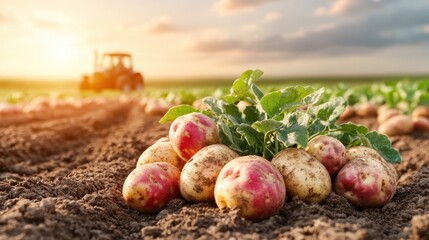 An image showcasing potatoes still in the field with a tractor in the backdrop, emphasizing the growth process and the connection between farming and abundant harvests.