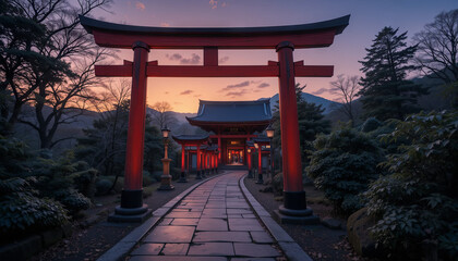 A pathway lined with vibrant red torii gates leads to a traditional temple as dusk settles over a tranquil Japanese garden, surrounded by lush greenery and soft lighting