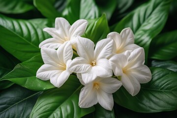 Naklejka premium Beautiful white flowers blooming amidst lush green leaves in a serene setting