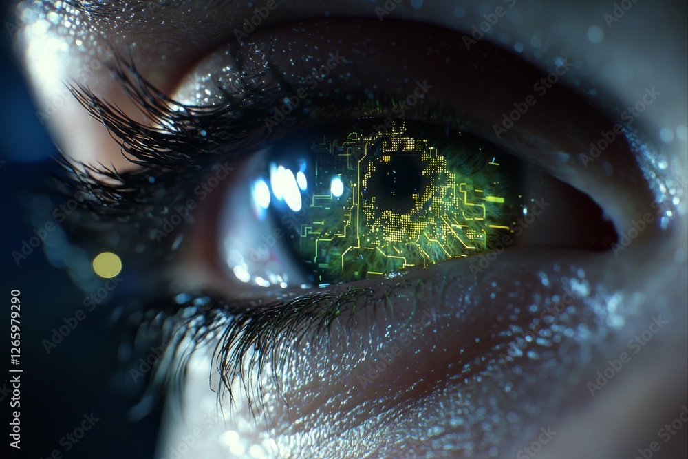 Poster digital representations of eye movement are displayed through wave lines in technology interfaces