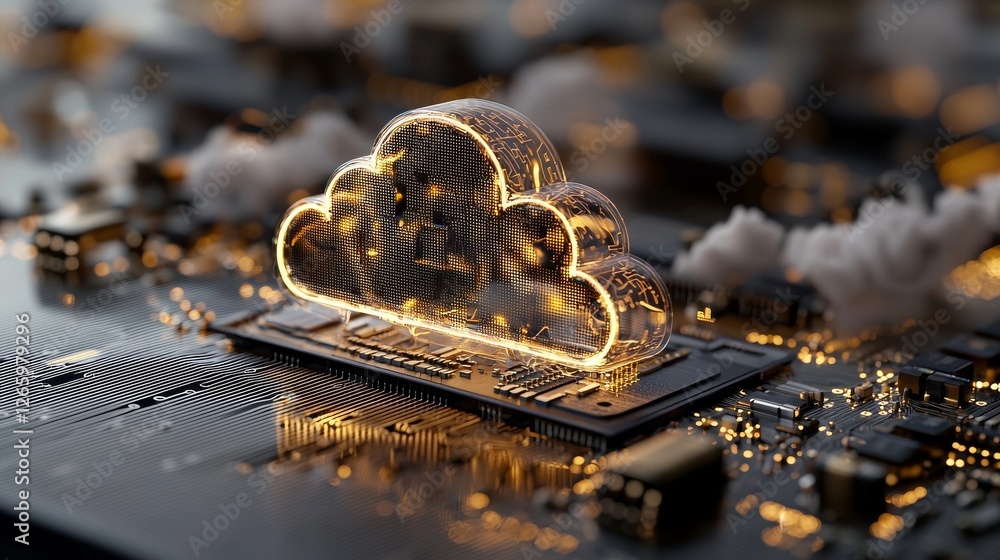 Poster the concept of cloud computing technology is depicted as floating above a vibrant backdrop of server