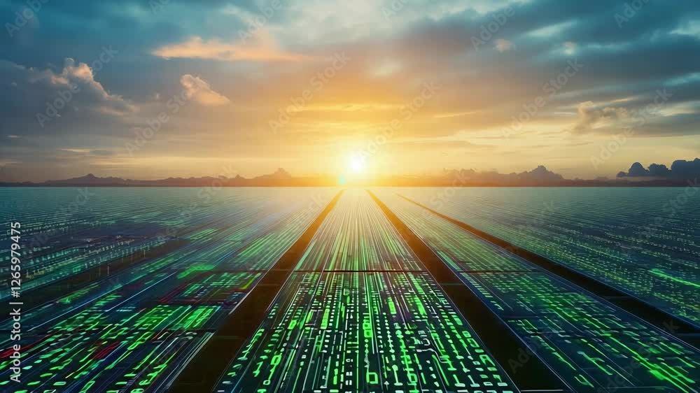 Poster a stunning landscape unfolds with rows of solar panels covered with binary code leading to a bright 